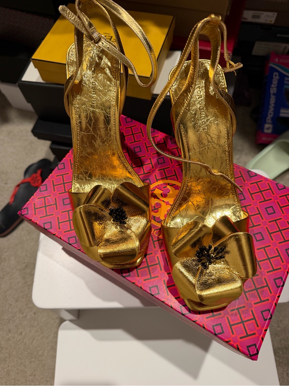 Tory Burch Gold Floral Bow High-Heel Sandals